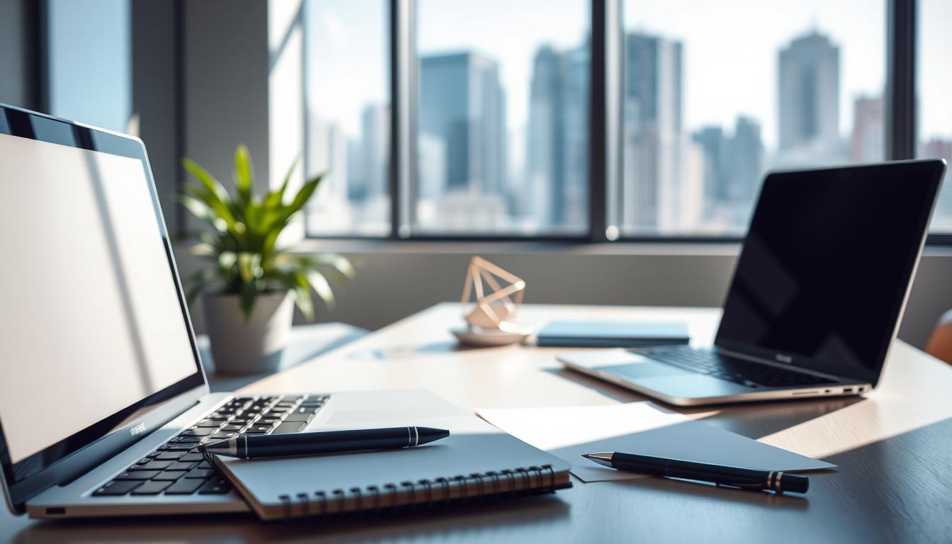 A modern, minimalist workspace illuminated by natural light. The foreground features a laptop, notebook, and pen, symbolizing the core elements of online learning. The middle ground showcases a clean, uncluttered desk with a plant and geometric decor, conveying a sense of focus and productivity. The background depicts a serene, blurred cityscape visible through large windows, creating a calming, inspirational atmosphere. The overall scene exudes a balance of technology, nature, and tranquility, capturing the essence of a thoughtful, scientific approach to online education.