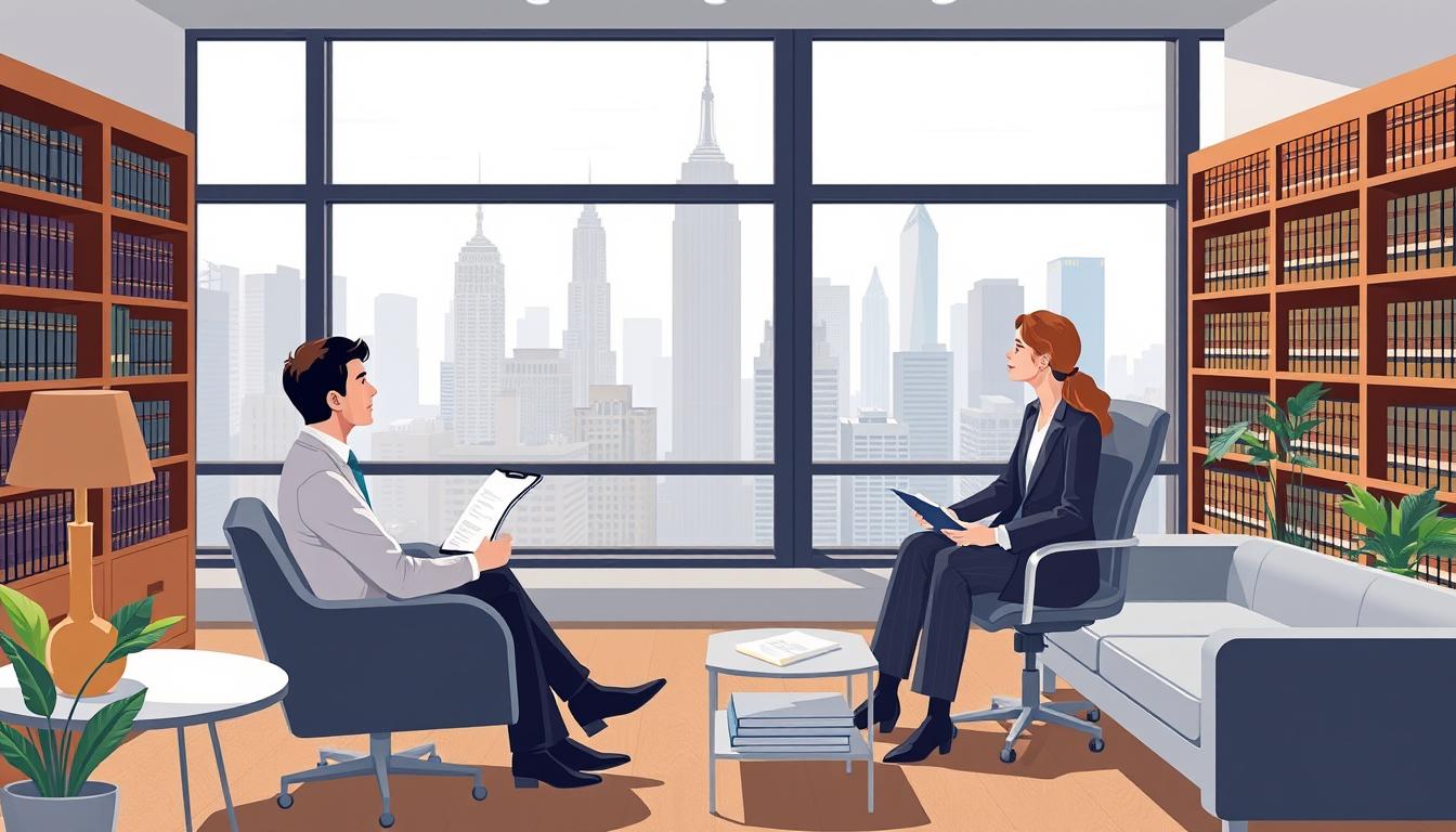 Image of a person consulting with a lawyer in a New York law office