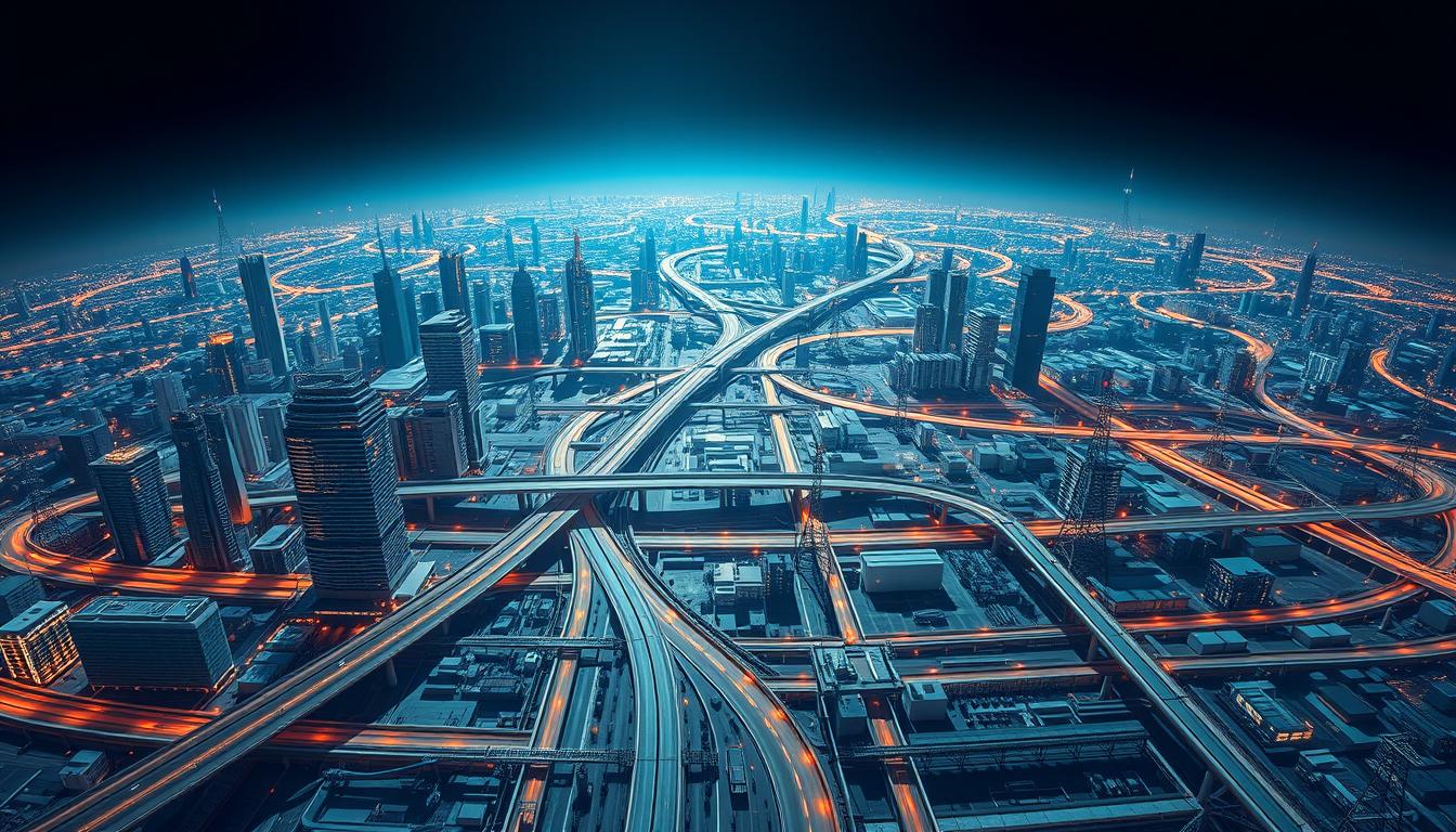 A sprawling network of interconnected infrastructure systems spanning the globe, captured in a detailed technical illustration. Gleaming skyscrapers, bridges, and highways in a dynamic urban landscape, illuminated by dramatic lighting that casts long shadows. Twinkling data centers and communication towers dotting the background, symbolizing the digital backbone powering modern civilization. The foreground features an intricate web of pipelines, power grids, and transportation arteries, conveying a sense of scale and complexity. Rendered with a precise, engineering-inspired aesthetic using a wide-angle lens to emphasize the grandeur and interconnectedness of global infrastructure.