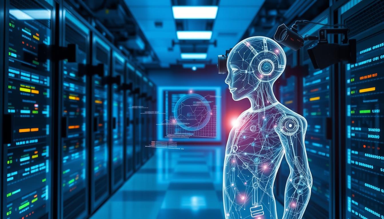 A high-tech data center with rows of sleek servers and glowing displays. In the foreground, a holographic AI assistant emerges, its translucent form pulsing with energy as it analyzes streams of data. The background is bathed in a cool, blue-tinted lighting, creating a sense of technological sophistication. Lenses and cameras are strategically placed to capture the AI's analytical processes, offering a glimpse into the future of data analysis.