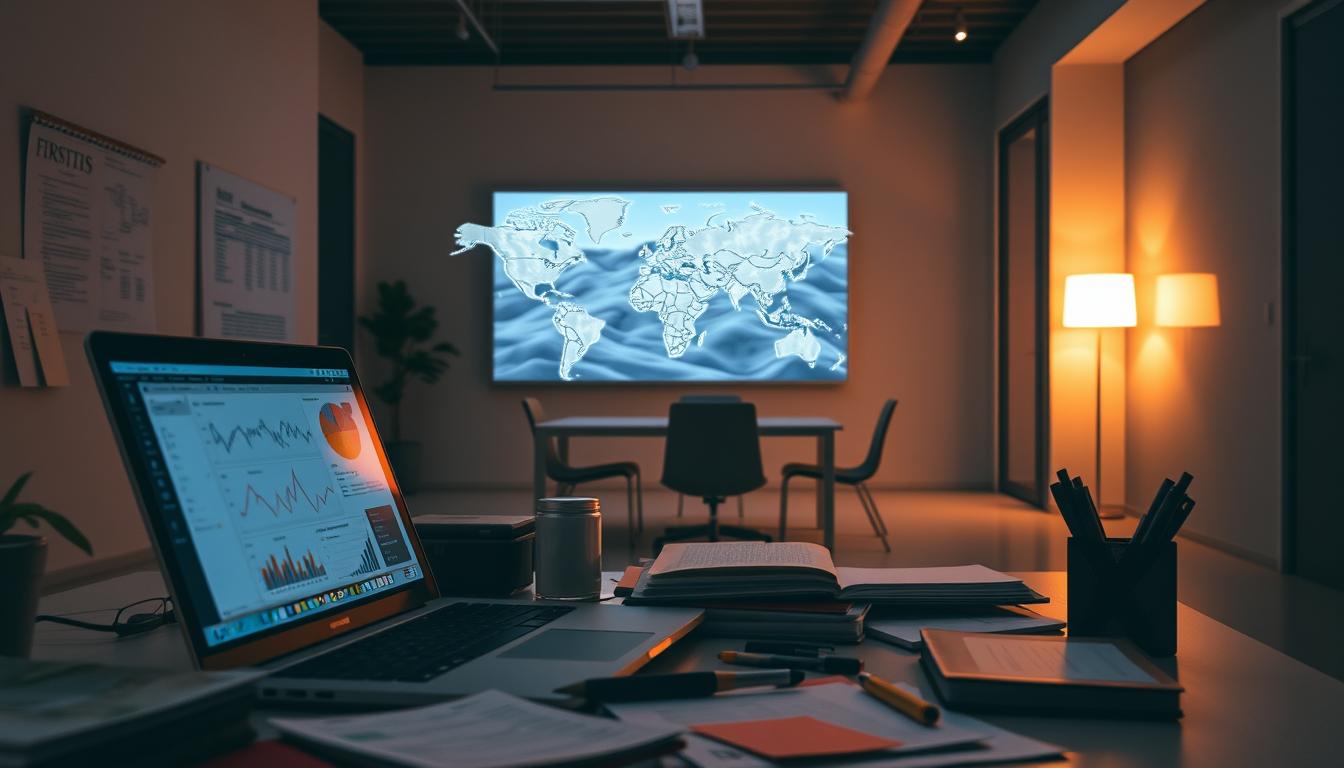 A data analyst's workspace, bathed in warm, focused lighting. In the foreground, a laptop displays interactive visualizations and charts, surrounded by a clutter of notebooks, pens, and sticky notes. In the middle ground, a geospatial map unfolds, pinpointing data collection sites across a terrain of rolling hills. In the background, a sleek, minimalist office environment with clean lines and muted tones, suggesting a professional, data-driven atmosphere. The scene conveys a sense of immersive, analytical exploration, with the analyst deeply engaged in deriving insights from a diverse array of data sources.