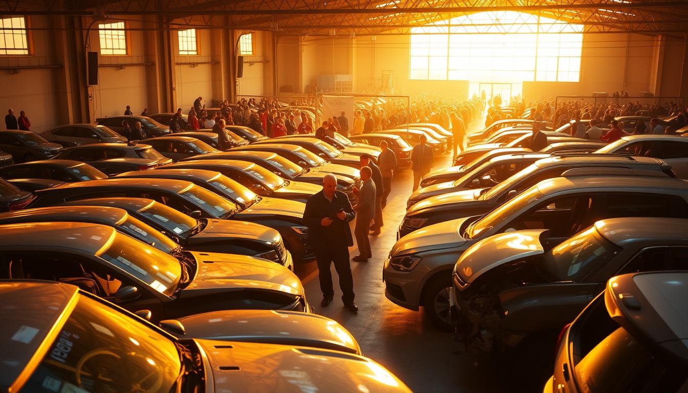 A vibrant, bustling car auction hall, illuminated by warm, golden light streaming through large windows. In the foreground, rows of damaged, salvaged vehicles line the auction floor, their wrecked exteriors hinting at the stories they hold. In the middle ground, potential buyers closely inspect the cars, discussing and negotiating. The background is filled with the energy of the event, auctioneers calling out bids, and a crowd of onlookers eagerly awaiting the next item to cross the block. The scene conveys the thrill and opportunity of the accident car auction, where skilled buyers can find hidden gems and unique projects.