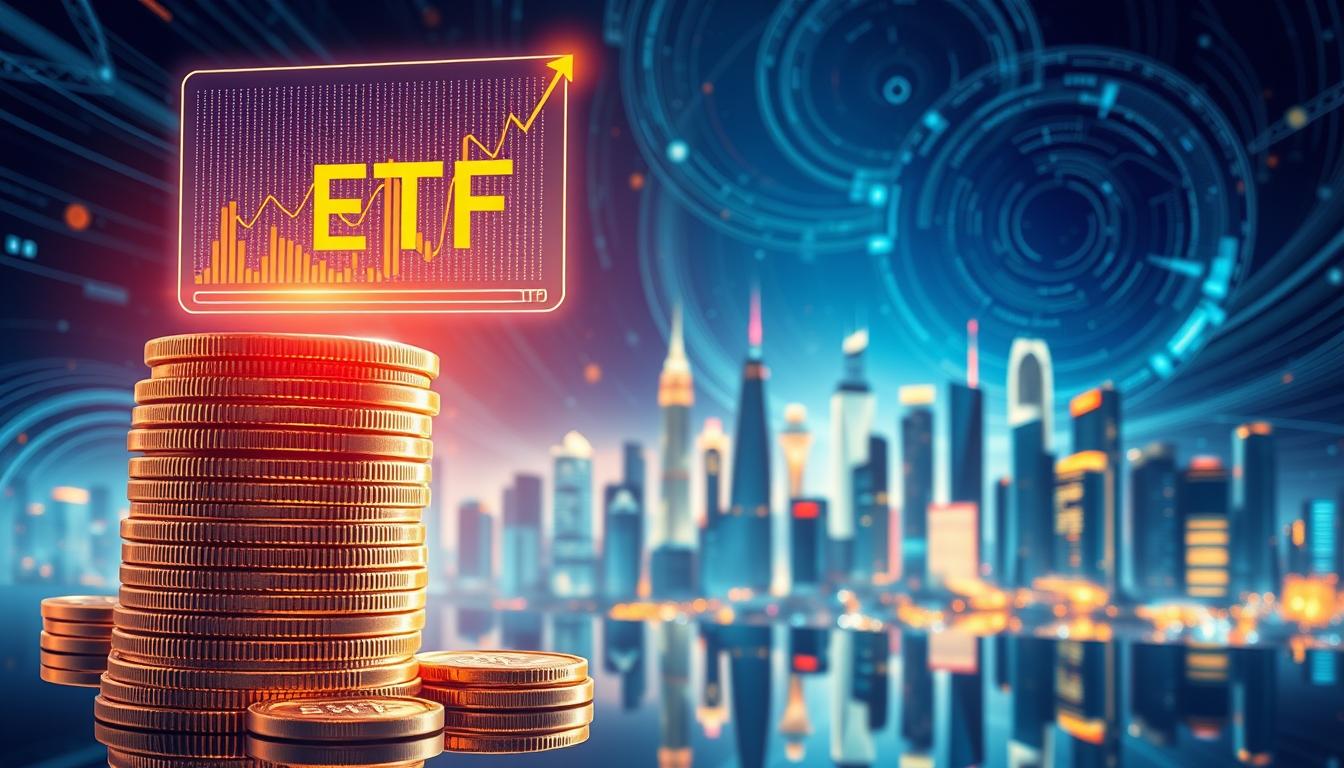 Detailed illustration of cryptocurrency ETFs, featuring a sleek, futuristic composition. In the foreground, a stack of shiny, metallic coins representing various digital currencies. Hovering above, a translucent ETF (Exchange Traded Fund) chart glows with vivid colors, projecting financial data. The middle ground showcases a dynamic, high-tech cityscape with skyscrapers and neon lights, symbolizing the cutting-edge world of cryptocurrency. The background is a deep, ethereal space with swirling digital patterns, creating a sense of innovation and interconnectedness. Lighting is sharp, with dramatic contrasts and reflections, capturing the precision and innovation of the cryptocurrency ETF ecosystem. The overall mood is one of technological progress, financial sophistication, and the dynamic nature of the digital asset market.