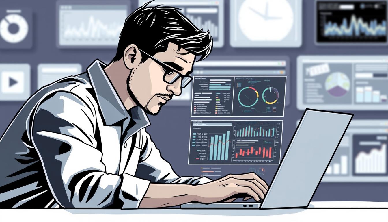 Image of a person working on a laptop with data analysis software open