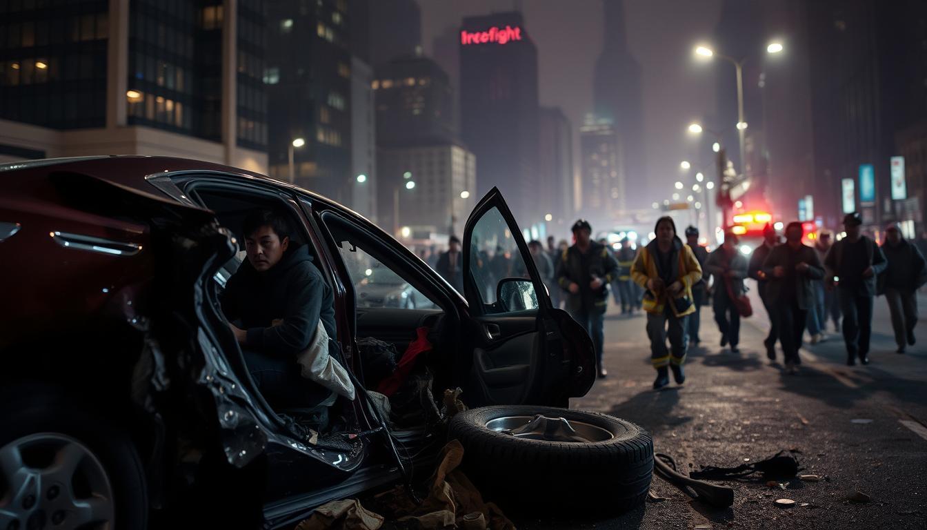 A grim scene of a car accident unfolding, with twisted metal, shattered glass, and the injured victims trapped inside. The foreground depicts the mangled vehicle, its doors ajar and the airbags deployed. In the middle ground, emergency responders rush to the scene, their faces etched with concern. The background is a blurred urban landscape, with skyscrapers and street lights casting a somber, muted glow. The lighting is dramatic, with harsh shadows and highlights that emphasize the severity of the accident. The overall atmosphere is one of chaos, urgency, and the fragility of human life.
