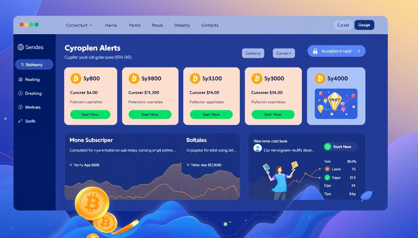 Image of a cryptocurrency alerting service dashboard with various subscription plans