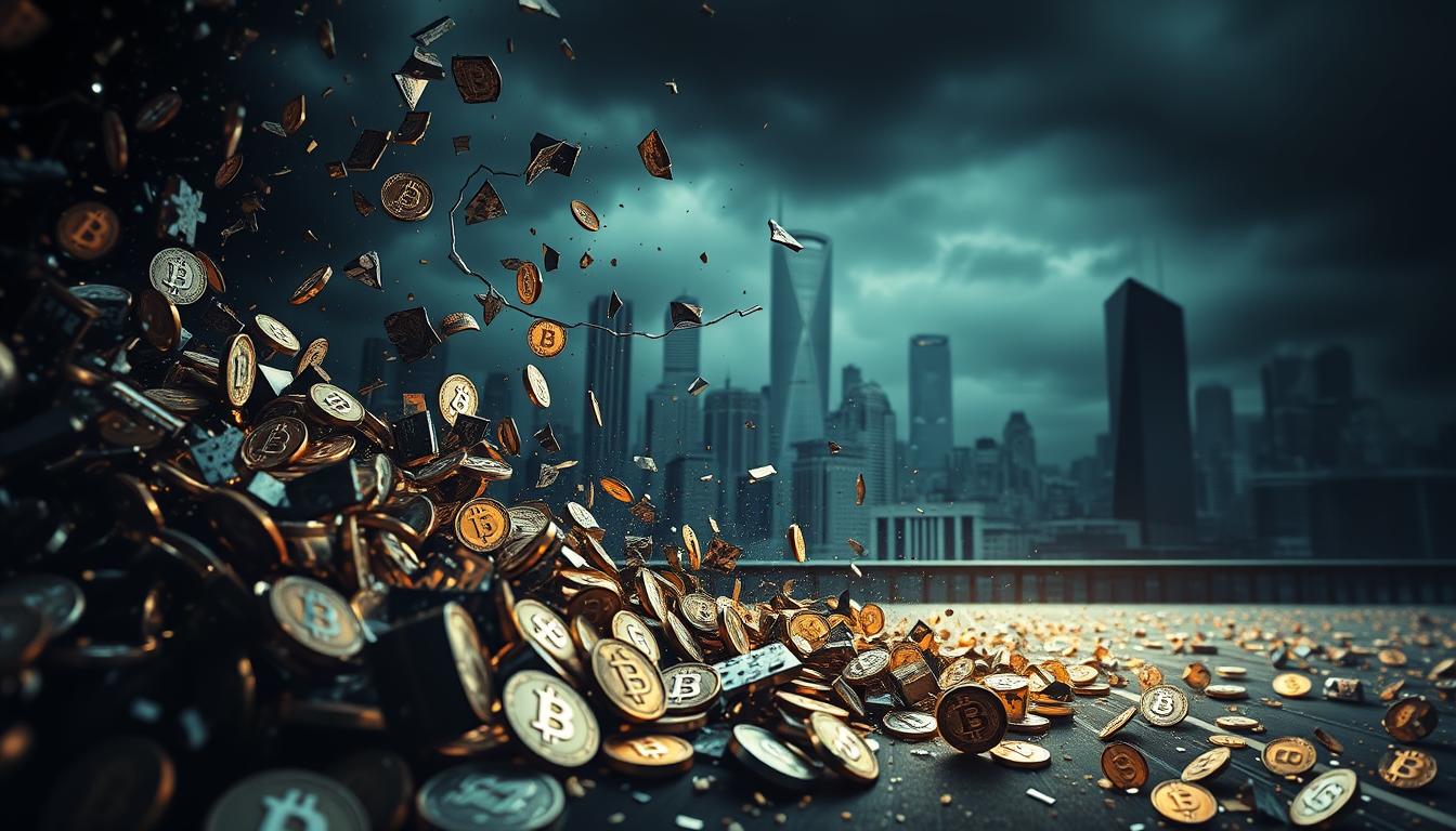 A turbulent cryptocurrency market, depicted in a dynamic and unsettling digital artwork. In the foreground, a cascade of fragmented digital currency symbols, shattered and in flux, conveying the volatility and uncertainty of the crypto landscape. In the middle ground, a backdrop of glitching, distorted data visualizations, charts, and graphs, representing the ebb and flow of market trends. In the distance, a shadowy, indistinct cityscape, hinting at the broader financial and technological infrastructure underpinning the crypto ecosystem. The lighting is dramatic, with sharp contrasts and a sense of unease, amplifying the overall mood of instability and risk. Captured through a wide-angle lens, the composition draws the viewer into the heart of the crypto volatility.