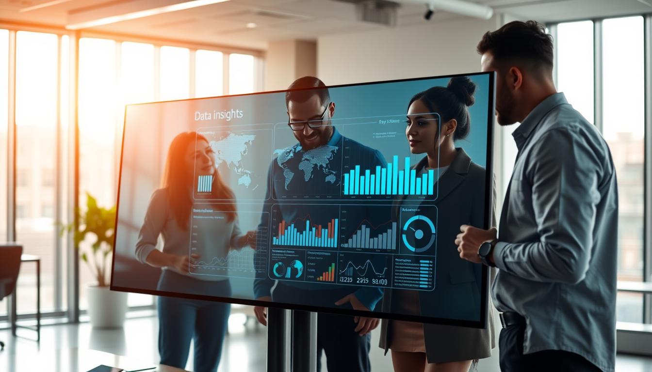 A modern, data-driven office setting, with a group of diverse professionals collaborating around a large touchscreen display. The foreground features an animated infographic showcasing key data insights, visualized through impactful charts and graphs. In the middle ground, the team members are deeply engaged, discussing their findings and drawing connections. The background depicts a sleek, minimalist workspace, with floor-to-ceiling windows allowing natural light to pour in, creating a sense of openness and productivity. Warm, diffused lighting casts a soft glow, while a subtle depth of field draws the viewer's attention to the central collaborative scene. The overall mood is one of purposeful, data-driven decision-making, where insights are uncovered and translated into actionable strategies.