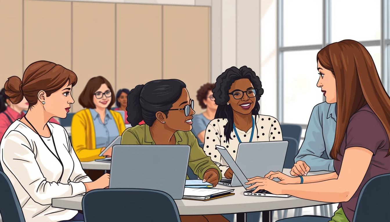 Image of a diverse group of educators engaged in a professional development workshop, with laptops and notebooks, in a modern conference setting.