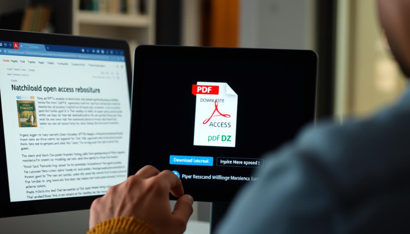 Generate an image of a person downloading a PDF from an open access repository