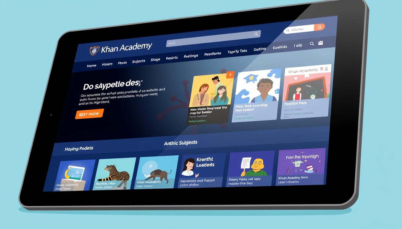 Image of Khan Academy's homepage on a tablet, showing various subjects