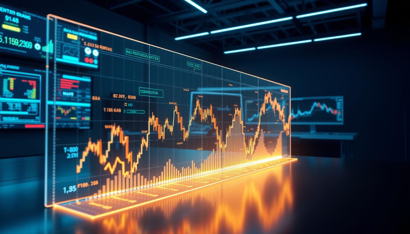 A detailed 3D rendering of a cryptocurrency price calculation process. In the foreground, a large, glowing holographic graph displays real-time cryptocurrency price fluctuations, with various colorful data visualizations. In the middle ground, a sleek, futuristic digital dashboard showcases complex algorithmic formulas and live market data feeds. The background depicts a minimalist, neon-lit workspace, with large display screens and clean, metallic surfaces. Dramatic lighting casts dramatic shadows, conveying a sense of technological sophistication and financial gravity. The overall mood is one of precision, dynamism, and cutting-edge financial technology.