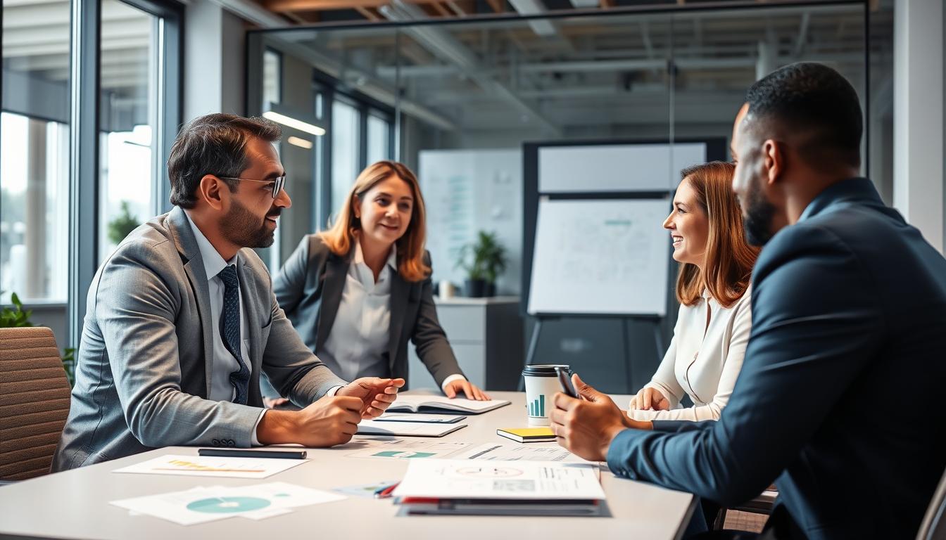 Image of a business leader in a meeting, discussing strategy with their team.