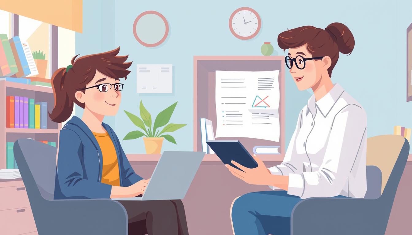 Image of a student and guidance counselor discussing online course options