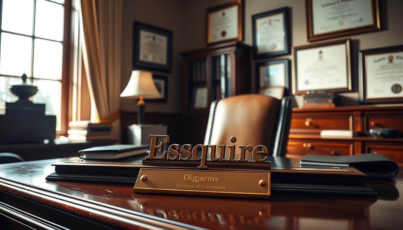 A sophisticated, elegant office interior with a neatly arranged desk featuring a brass nameplate prominently displaying the "Esquire" title. The desk is situated in front of a large window, allowing natural light to filter in and cast a warm, professional glow. Framed legal diplomas and certificates adorn the walls, conveying a sense of authority and expertise. The atmosphere is one of quiet confidence and quiet contemplation, inviting the viewer to imagine the esteemed legal work being conducted within this refined space.