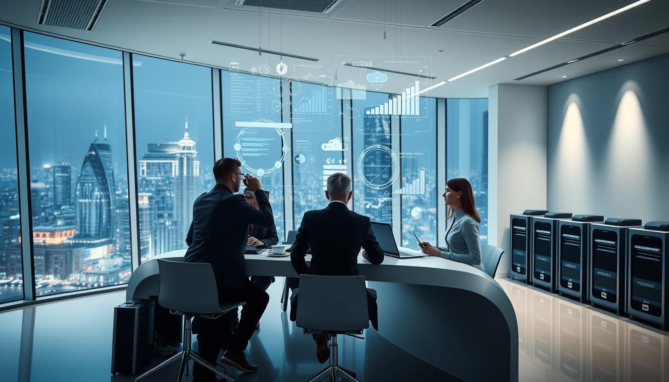 A sleek, modern office setting with large windows overlooking a bustling city skyline. In the foreground, a team of data scientists collaborate around a curved, minimalist conference table, intently studying various holographic data visualizations projected above them. Soft, indirect lighting casts a cool, technological ambiance, while the background features rows of high-tech servers and computing equipment, all seamlessly integrated into the streamlined, futuristic interior design. The overall scene conveys a sense of efficient, data-driven innovation at the forefront of AI-powered business intelligence.