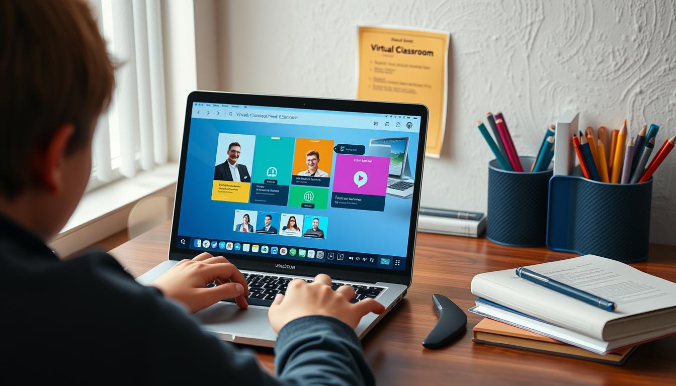Image of a student using a laptop with a virtual classroom on the screen
