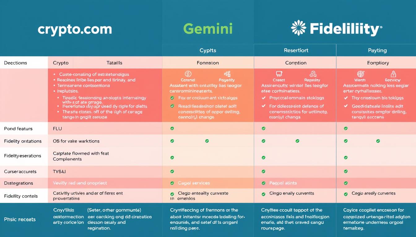 Generate an image of a comparison chart between Crypto.com, Gemini, and Fidelity Crypto Services.