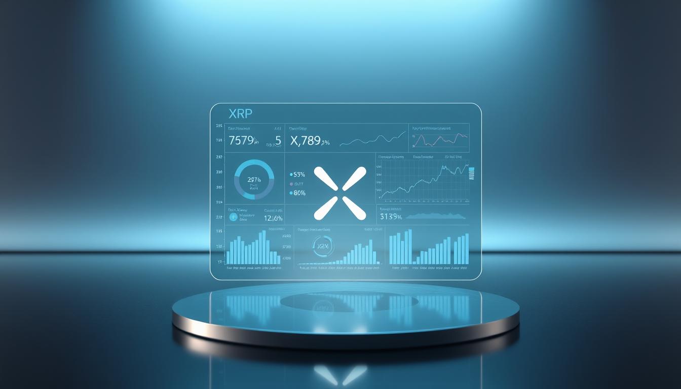 A detailed financial analysis of the XRP cryptocurrency, showcased against a sleek, minimalist backdrop. In the foreground, a holographic display presents a comprehensive data visualization, featuring charts, graphs, and key performance metrics. The middle ground is dominated by a polished, reflective surface, creating a sense of depth and perspective. In the background, a subtle linear gradient with cool, metallic tones sets an intellectual, technology-driven atmosphere. Subtle lighting casts gentle shadows, emphasizing the crisp, high-resolution details of the data presentation. The overall tone conveys an air of authority, professionalism, and cutting-edge financial analysis.