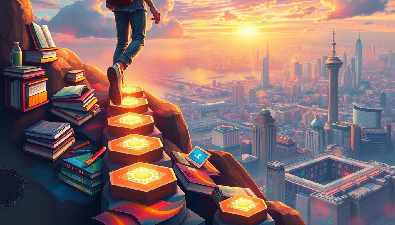 A dynamic and inspiring visual representation of learning progress, captured in a vibrant, colorful digital painting. In the foreground, a determined learner navigates an upward path, their steps marked by glowing stepping stones that represent incremental achievements. The midground features an array of interactive learning tools and resources, including books, tablets, and virtual interfaces, all bathed in a warm, encouraging light. In the background, a sprawling cityscape stretches out, symbolizing the vast opportunities and possibilities that lie ahead as the learner advances. The composition is balanced and visually captivating, conveying a sense of forward momentum, growth, and the exhilaration of conquering new challenges on the journey to success.