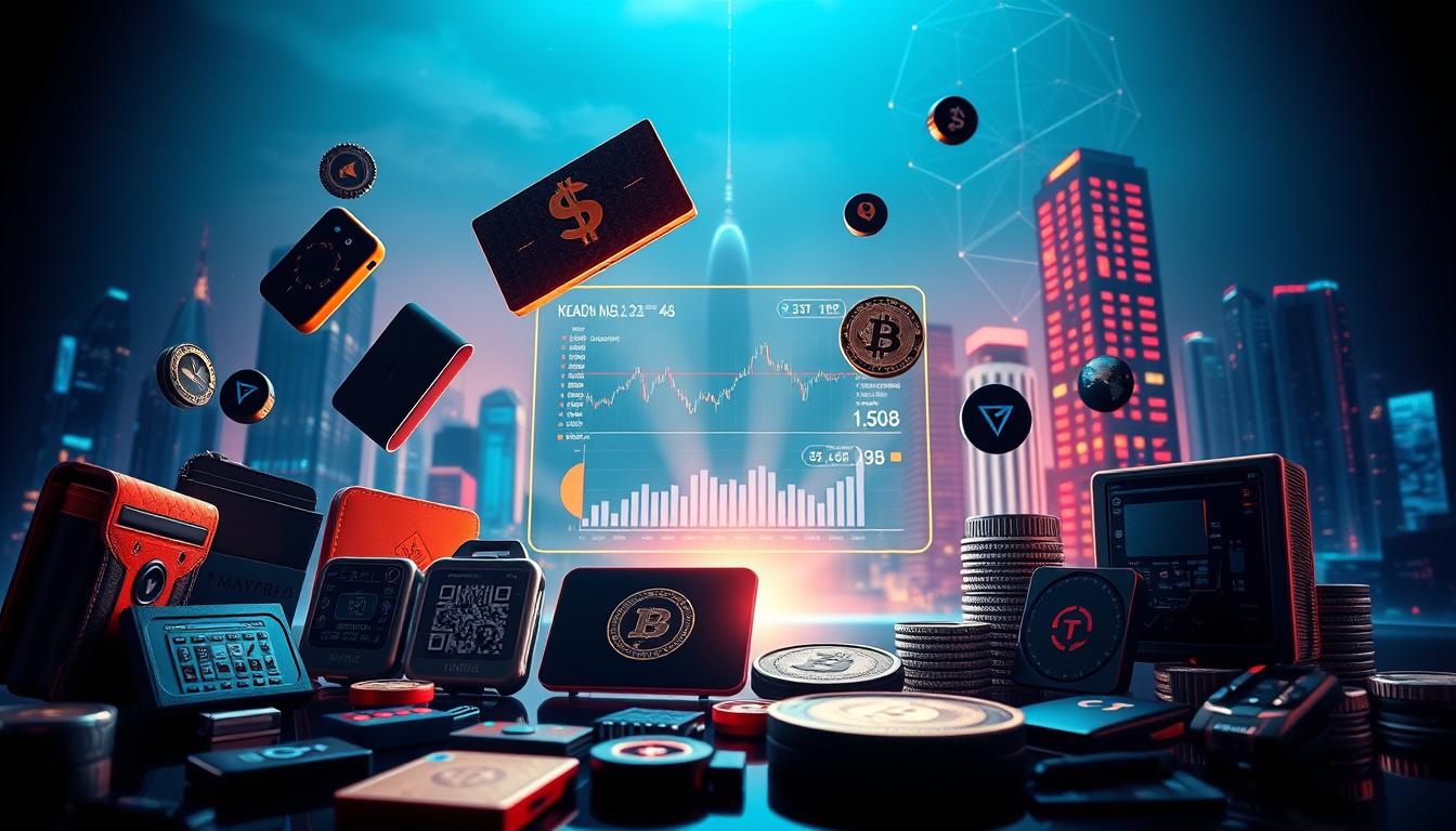 A vibrant montage of crypto products set against a sleek, futuristic backdrop. In the foreground, a collection of digital wallets, hardware devices, and QR codes hover in a state of animated suspension, radiating a sense of technological prowess. The middle ground features a holographic display showcasing real-time cryptocurrency market data, charts, and analytics, illuminated by a soft, pulsing light. In the background, a cityscape of gleaming skyscrapers and intricate blockchain networks creates a dynamic, immersive environment, capturing the essence of India's thriving cryptocurrency ecosystem. Dramatic chiaroscuro lighting and a cinematic camera angle lend an air of sophistication and innovation to the scene.