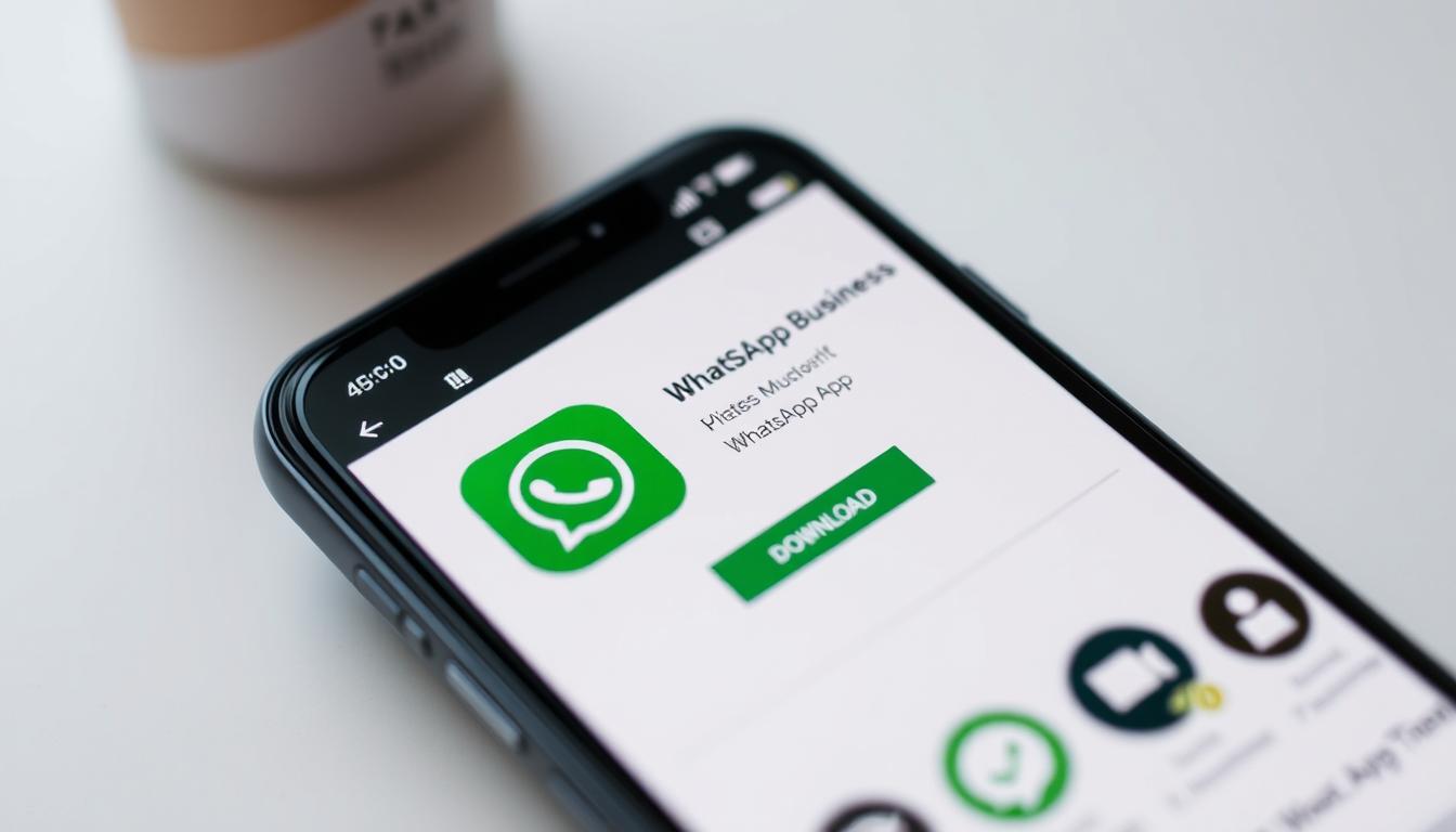 Generate an image of the WhatsApp Business app download page on a mobile device.