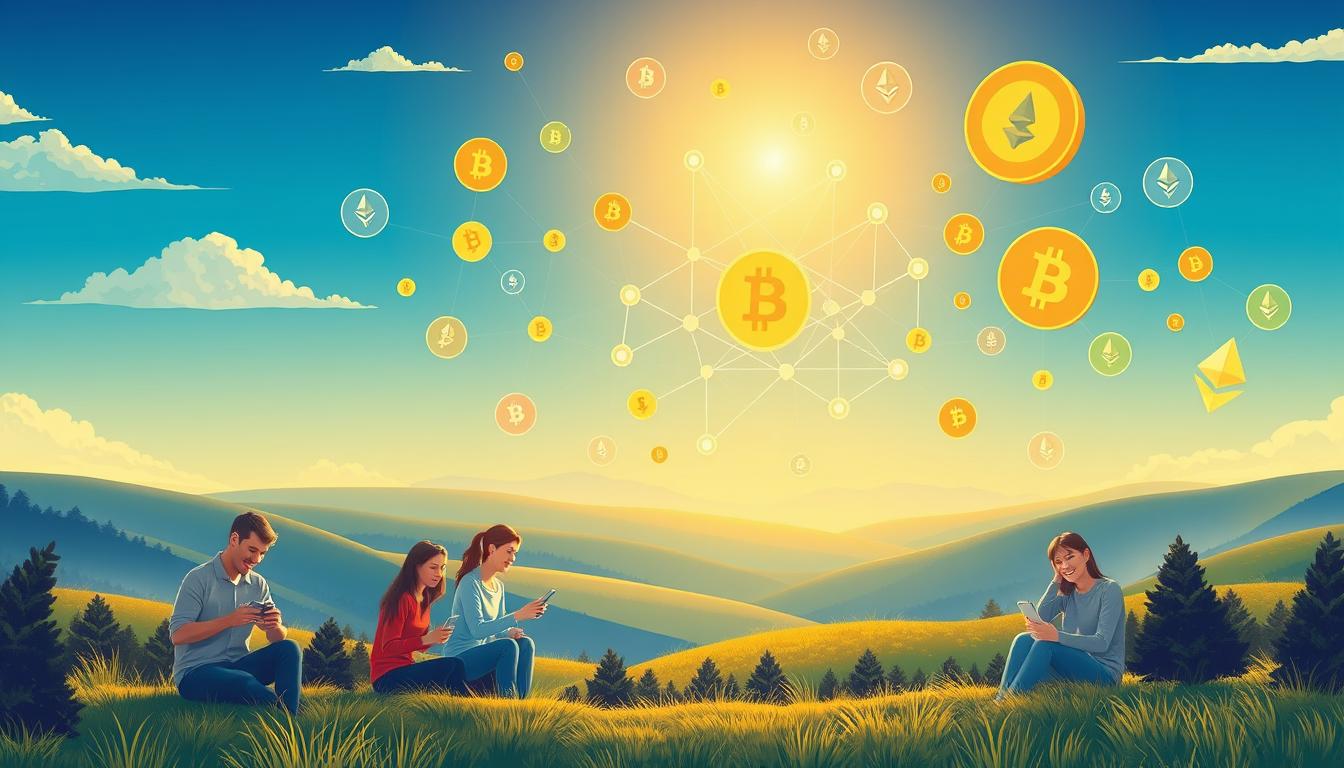 Vibrant cryptocurrency benefits illustration: A serene landscape with rolling hills and a clear blue sky. In the foreground, a group of people engaging in various financial transactions using digital wallets and mobile devices, their faces lit with contentment. In the middle ground, a network of interconnected nodes represents the secure, decentralized blockchain technology powering cryptocurrency. The background is filled with iconic cryptocurrency symbols, including Bitcoin and Ethereum logos, casting a warm, golden glow over the scene. The overall mood is one of progress, empowerment, and the transformative potential of this innovative financial technology.