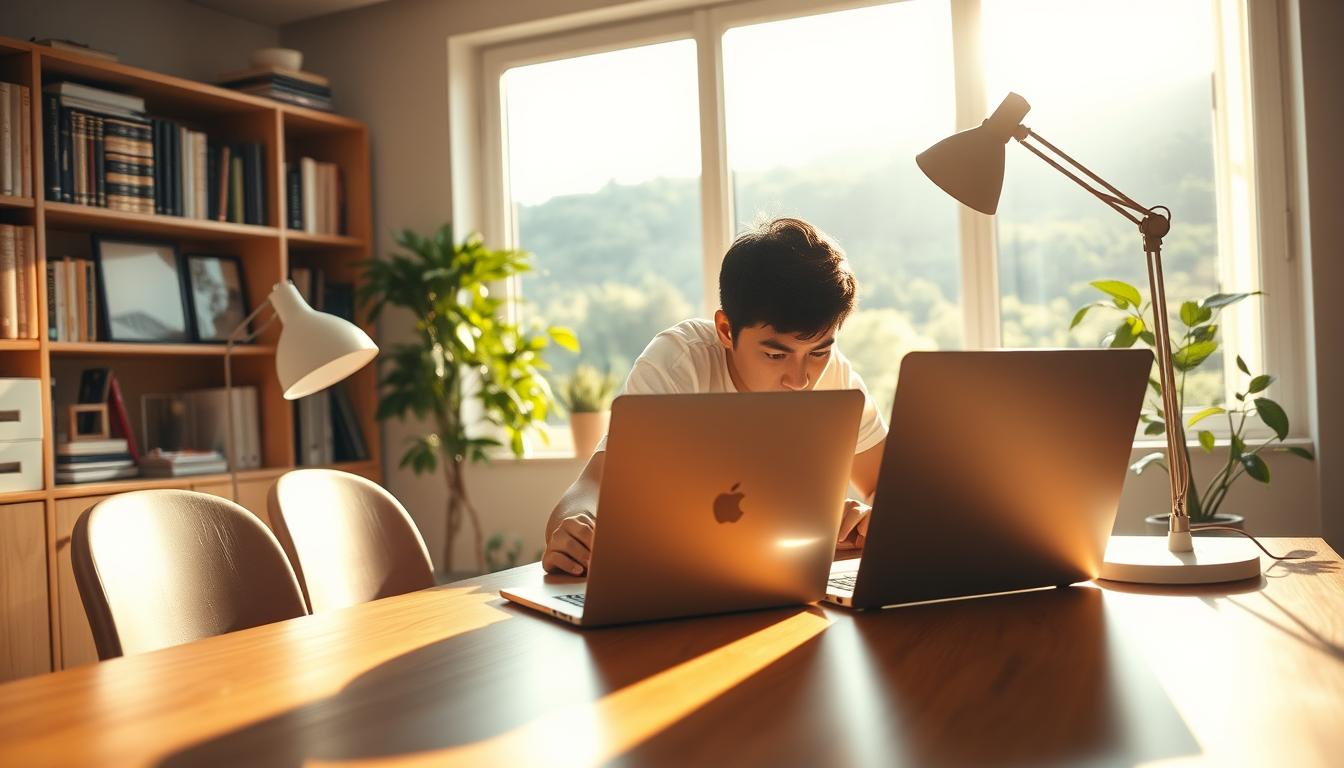 A serene, sunlit home office with a wooden desk, a laptop, and a study lamp. In the foreground, a person is leaning forward, intently focused on the screen, capturing the pace and concentration of online learning. The background features bookshelves, a potted plant, and a large window overlooking a lush, verdant landscape, creating a sense of balance and tranquility. The lighting is warm and natural, casting a soft glow over the scene, and the camera angle is slightly elevated, giving a sense of perspective and depth. The overall mood is one of productivity, engagement, and the fulfillment of personal growth through self-directed online education.