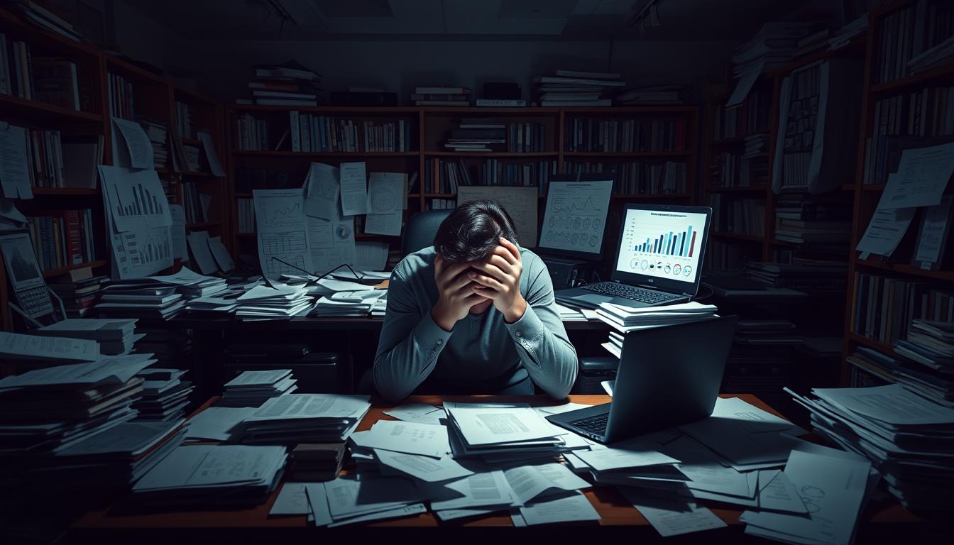 A dimly lit office, with a large desk cluttered with scattered papers, overflowing files, and a laptop displaying complex charts and graphs. In the foreground, a frustrated data analyst sits hunched over, head in hands, surrounded by the chaos of their workspace. The lighting casts long shadows, emphasizing the sense of overwhelming complexity. The walls are lined with bookshelves, hinting at the wealth of knowledge that could be applied, if only the analyst could make sense of the data. The overall atmosphere conveys the common pitfalls of data analysis: information overload, lack of organization, and the struggle to extract meaningful insights from the sea of numbers and figures.