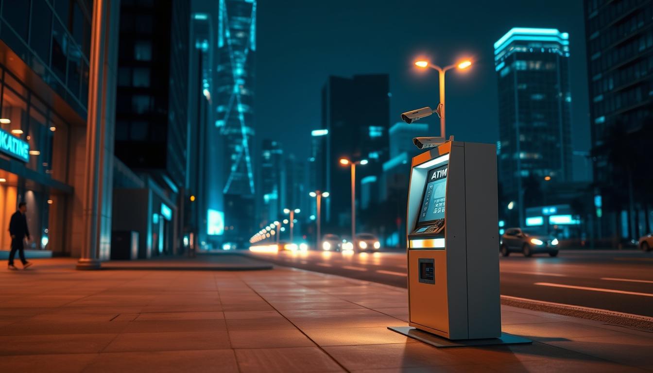 An affluent urban street at night, with a sleek and modern cryptocurrency ATM kiosk in the foreground. The kiosk is well-lit, with a warm, inviting glow that contrasts with the cool, blue-tinted city lights in the background. Two security cameras are mounted discreetly on the kiosk, scanning the area for any suspicious activity. The ground is covered in a subtle, reflective surface, creating a sense of depth and dimension. In the distance, the silhouettes of high-rise buildings and the faint glow of streetlights suggest a bustling, secure metropolitan environment. The overall scene conveys a sense of safety, reliability, and technological sophistication.