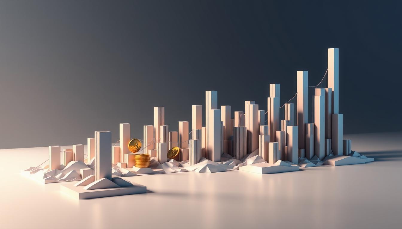 A detailed visualization of the cryptocurrency market capitalization. A three-dimensional landscape showcasing the relative size and growth of major cryptocurrencies, depicted as towering 3D bar charts or columns against a sleek, minimalist background. The lighting is crisp and directional, casting dramatic shadows that emphasize the scale and dynamics of the market. The arrangement of the columns suggests an overall upward trend, with occasional fluctuations. The color palette is muted, yet striking, using a combination of metallic, digital tones to evoke the high-tech, financial nature of the subject. The perspective is slightly elevated, allowing the viewer to survey the entire market landscape in a clear, unobstructed manner.