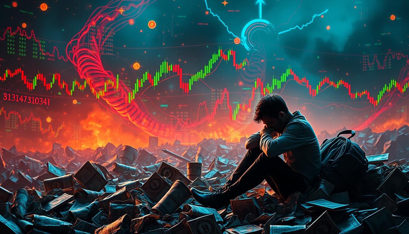 A vibrant cryptocurrency landscape, dominated by swirling, volatile price charts. In the foreground, a dejected investor sits amidst the ruins of their digital portfolio, head in hands, surrounded by crumpled fiat currency and shattered dreams. The background is a chaotic swirl of data streams, pixelated charts, and glitching cryptocurrency icons, conveying the sense of a bubble bursting and the subsequent impact on individual investors. The scene is lit by an ominous, deep-hued glow, casting a somber, cautionary tone. The overall composition evokes the emotional turmoil and financial devastation experienced during the collapse of a cryptocurrency bubble.