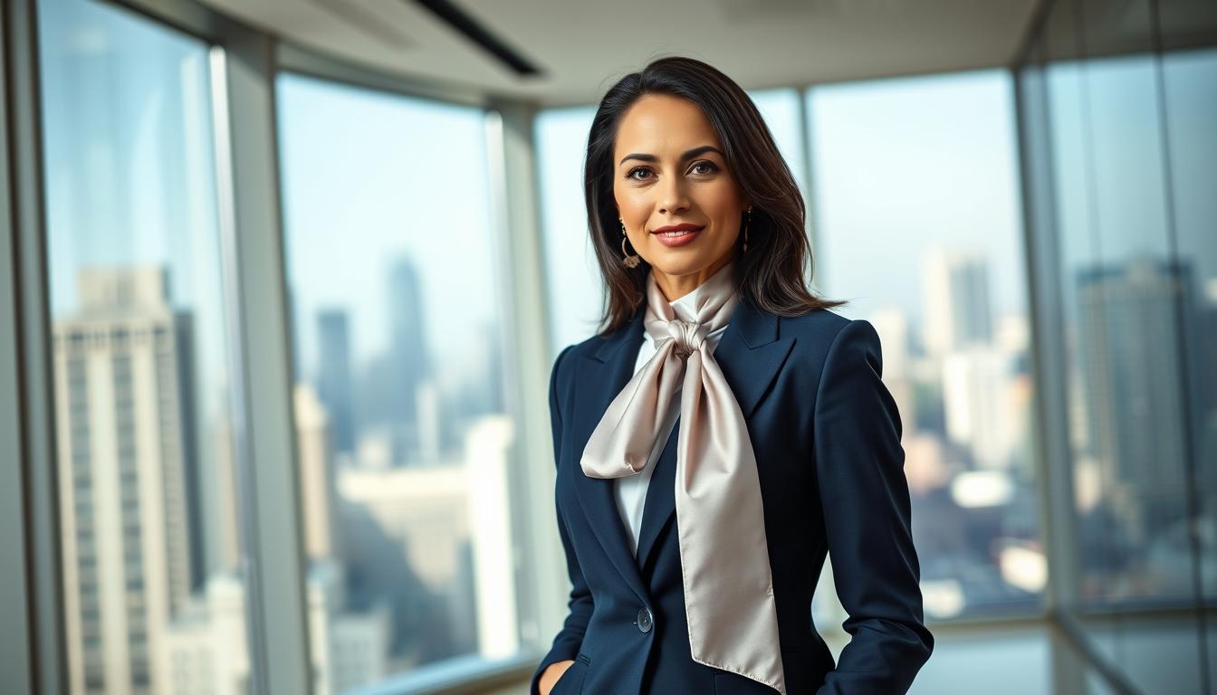 A stylish and professional woman lawyer stands confidently in a well-lit, modern law office. She wears a tailored navy blue suit with a crisp white blouse, a silk scarf elegantly draped around her neck. Her dark hair is neatly styled, and she has a confident, poised expression. The background features floor-to-ceiling windows, offering a view of a bustling city skyline. The lighting is soft and flattering, creating a sense of authority and competence. The overall atmosphere conveys a blend of sophistication, authority, and attention to detail - the quintessential image of a successful woman lawyer.