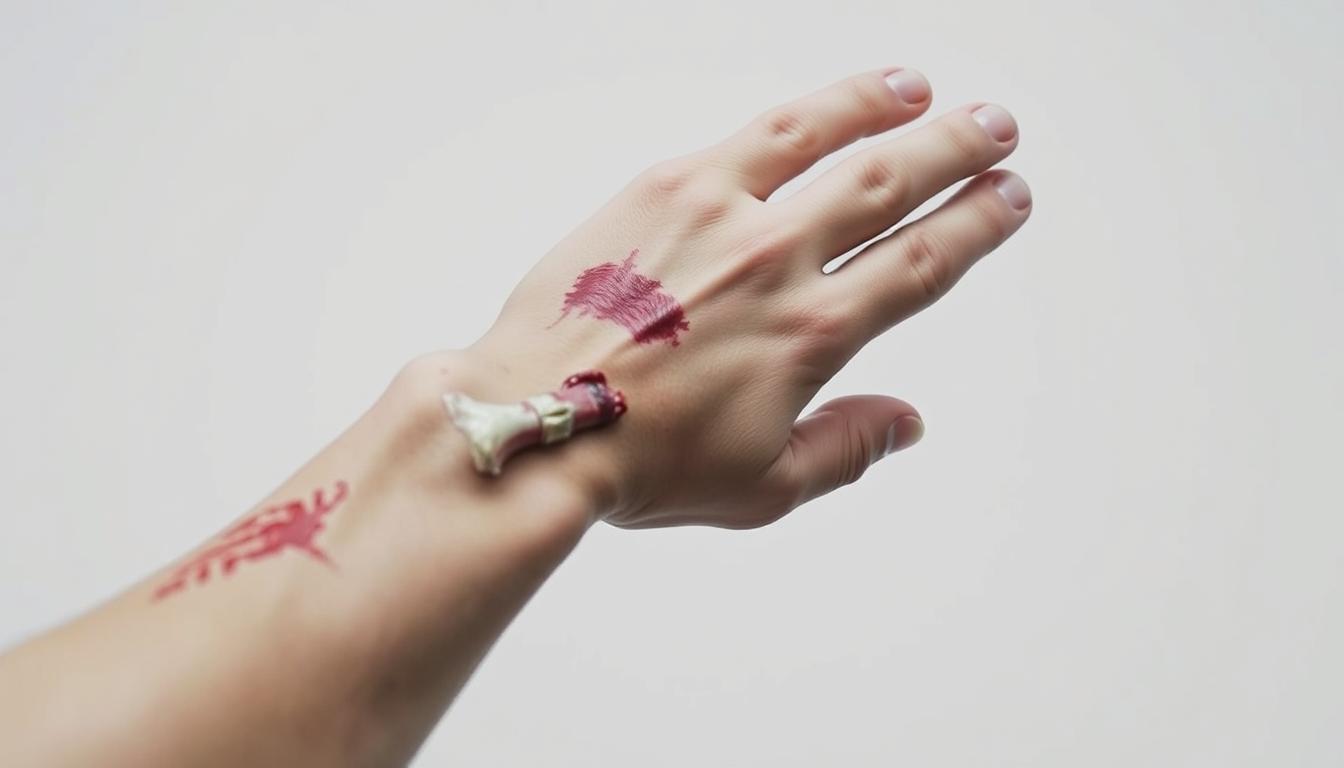 A close-up view of a person's arm and hand, showing signs of injury such as bruising, swelling, and possible bone fracture. The hand is placed against a stark white background, highlighting the contrast between the damaged skin and the clean, clinical setting. The lighting is soft and diffused, creating a sense of urgency and concern. The angle is slightly tilted, adding a sense of tension and emphasizing the severity of the injury. The overall mood is one of alarm and the need for immediate medical attention.