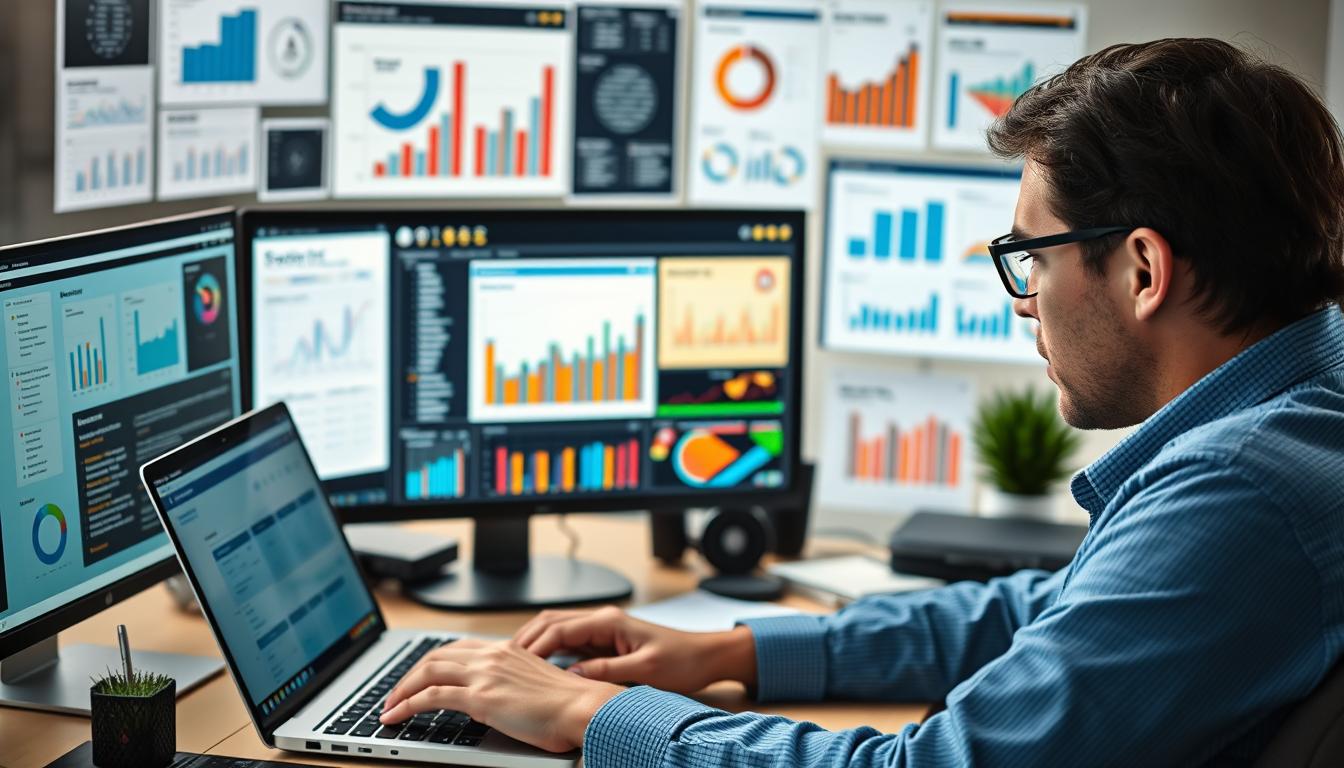 Generate an image of a business analyst working on a laptop with various business analysis tools and software displayed on the screen.