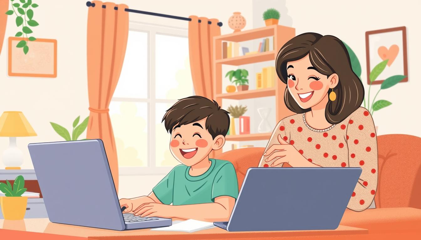 Image of a happy student learning from home with a parent assisting.