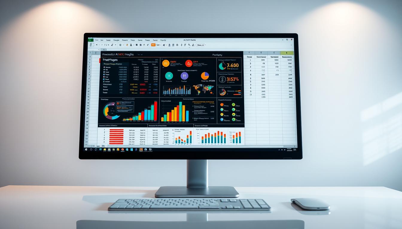 A detailed, data-driven Excel spreadsheet displayed on a modern computer screen, with an AI-generated data visualization prominently featured. The visualization utilizes bold colors, dynamic shapes, and intuitive infographic-style elements to clearly present complex insights. Soft directional lighting illuminates the scene, creating a professional and polished atmosphere. The spreadsheet interface is clean and uncluttered, allowing the AI-powered visualization to be the focal point. Subtle reflections on the screen's surface add depth and realism to the composition. The overall scene conveys a sense of effortless data analysis and informed decision-making.