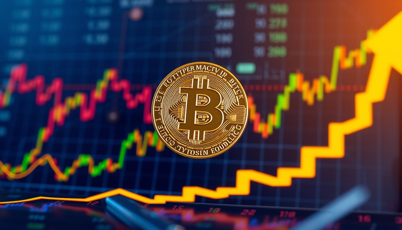 Generate an image of Bitcoin's logo against a backdrop of rising financial charts.