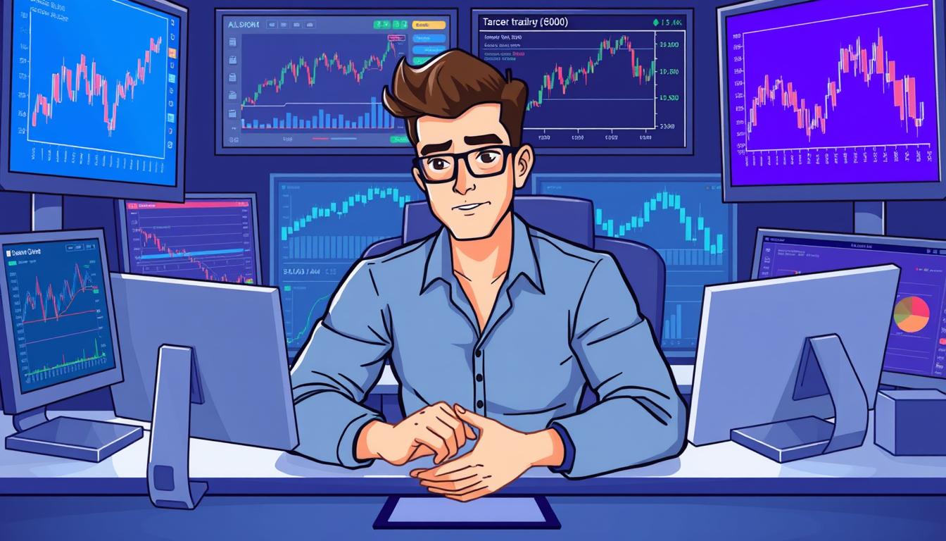 Image of a crypto trader using various trading tools on a computer
