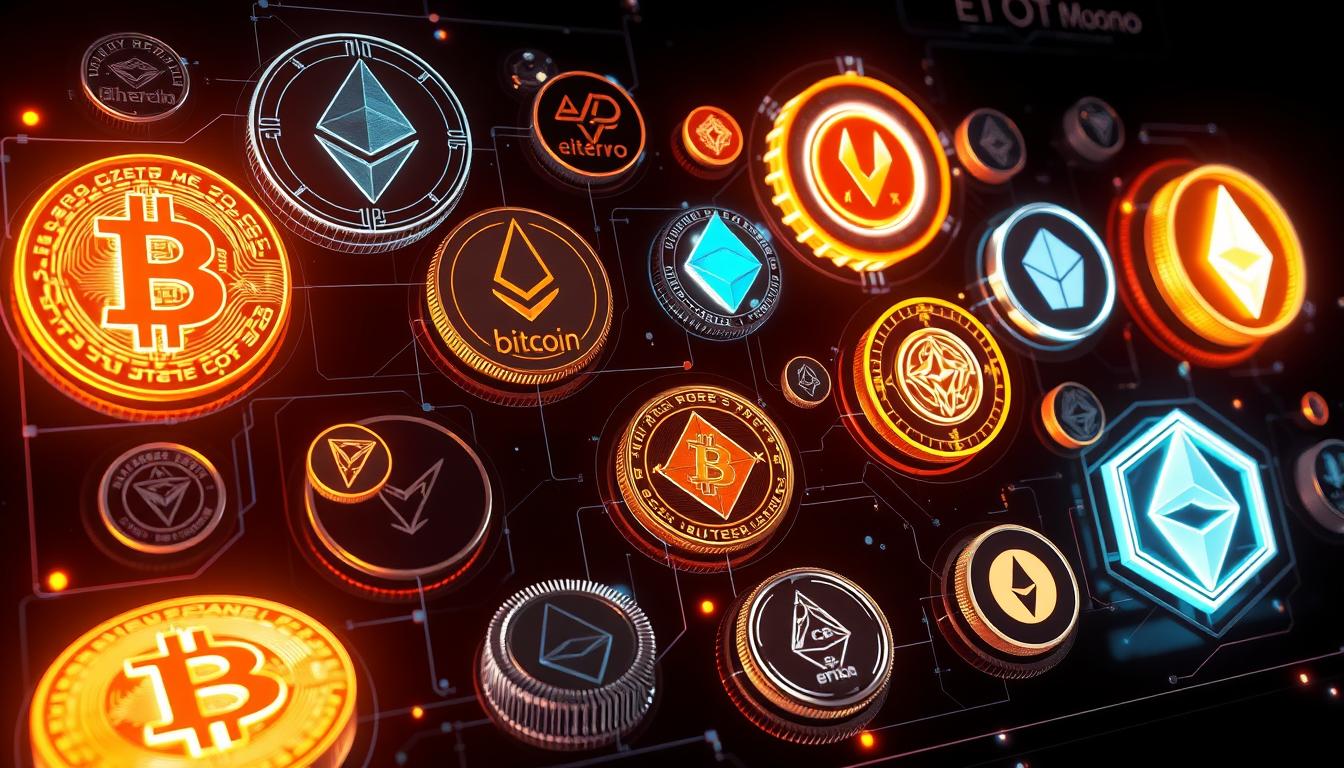 A wide range of cryptocurrencies from Bitcoin and Ethereum to Litecoin and Monero, each with distinct features and use cases, are displayed in a detailed, technical illustration. The image has a futuristic, holographic quality, with the cryptocurrencies rendered in glowing, 3D shapes against a dark, minimalist background. The lighting is dramatic, casting sharp shadows and highlights to accentuate the intricate designs and technological aspects of the different cryptocurrency types. The overall composition is well-balanced, allowing each cryptocurrency to be clearly visible and distinguishable, while conveying a sense of depth and interconnectedness between the various digital assets.