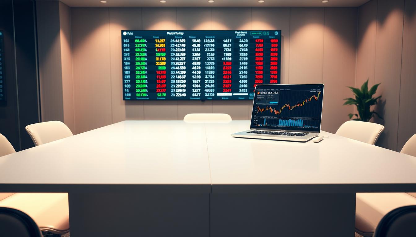 A sleek, modern office setting with a large, minimalist desk in the foreground. On the desk, a laptop displaying detailed charts and graphs of cryptocurrency performance data. In the background, a wall-mounted display shows a live feed of various cryptocurrency tickers and exchange rates. Soft, directional lighting casts a warm glow, highlighting the desk's clean lines and the laptop's display. The overall atmosphere conveys an air of professional analysis and informed decision-making around cryptocurrency investments.