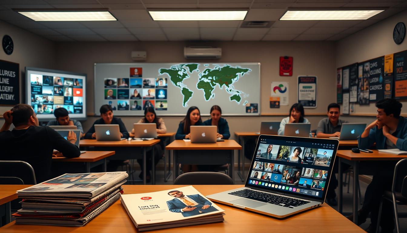 A cozy, well-lit classroom with desks arranged in neat rows. In the foreground, a stack of course catalogs and a laptop displaying course descriptions. Behind them, a whiteboard showcases a variety of online course icons, from business and technology to arts and humanities. The middle ground features students of diverse backgrounds engaged in virtual discussions, their faces illuminated by the glow of their screens. In the background, a world map and motivational posters adorn the walls, hinting at the global reach and inspiring nature of the online learning academy. Warm, ambient lighting and a sense of focus and productivity permeate the scene.