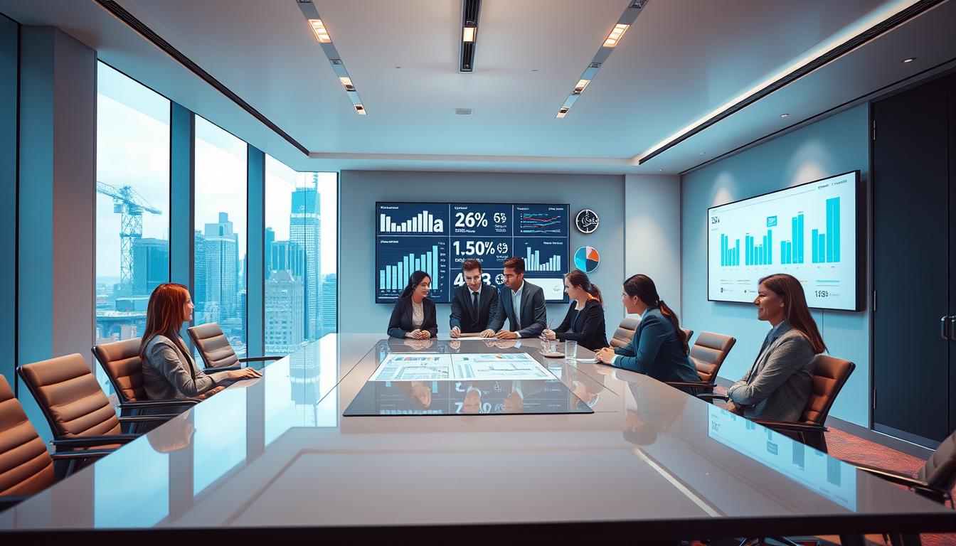 A sleek, modern office interior with floor-to-ceiling windows overlooking a bustling city skyline. In the foreground, a team of professionals collaborates around a large, polished conference table, their faces animated as they discuss strategies and charts displayed on a seamless digital screen. The lighting is cool and indirect, casting a subtle glow across the minimalist, high-efficiency workspace. In the background, a wall-mounted display showcases various performance metrics and KPIs, reflecting the company's commitment to data-driven operational excellence. An atmosphere of focus, efficiency, and forward-thinking permeates the scene.