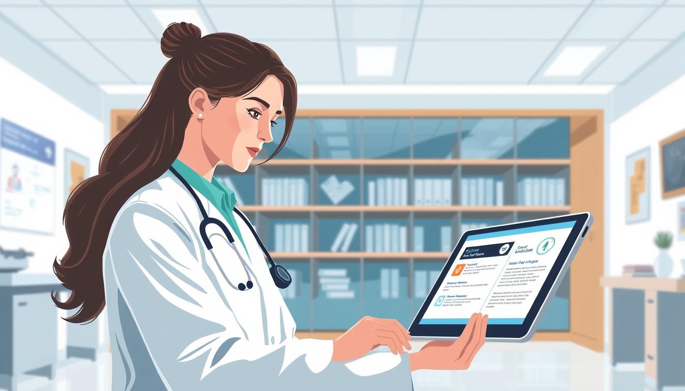 Image of a healthcare professional accessing online clinical education resources on a tablet.