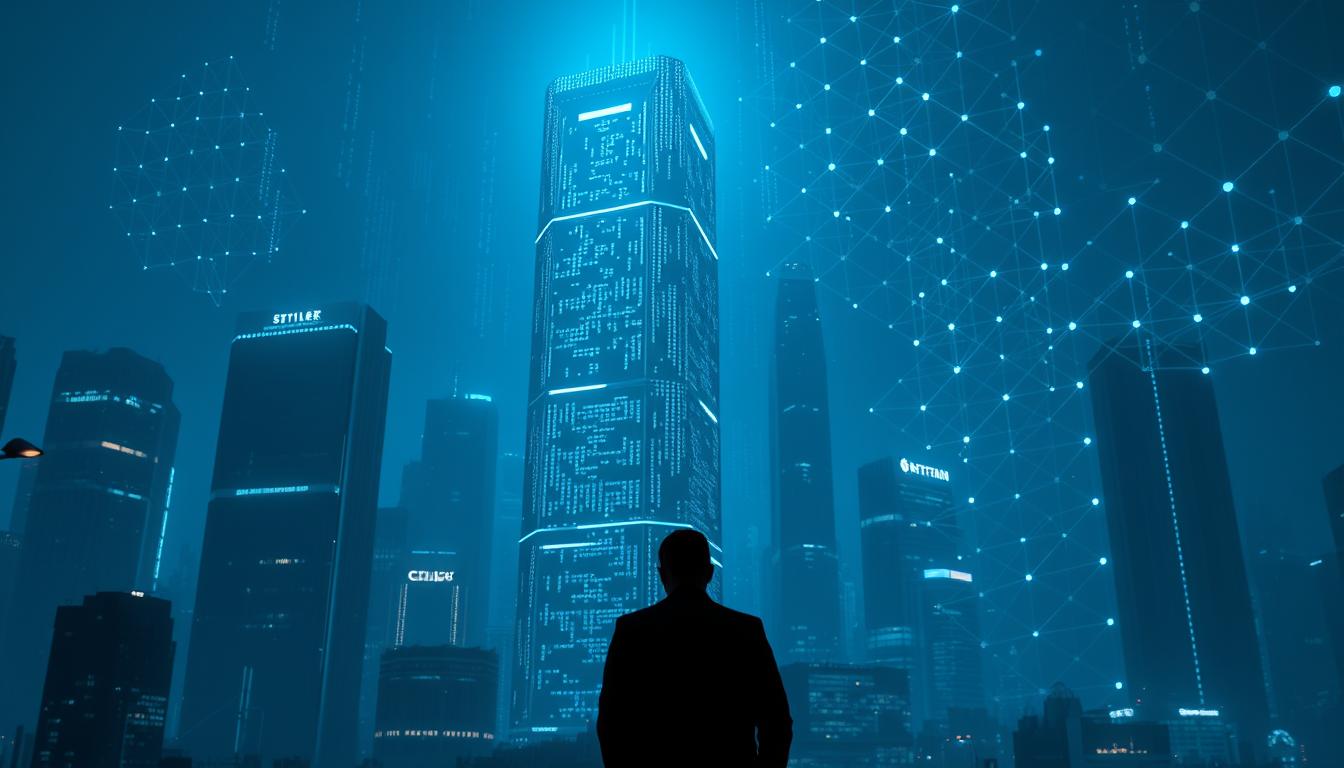 A serene, futuristic cityscape at night, with towering skyscrapers shrouded in a veil of digital data streams. In the foreground, a lone figure stands gazing up at the glowing, holographic displays, their features partially obscured by the shifting patterns of encrypted information. The lighting is muted, with a cool, blue-tinted palette, conveying a sense of privacy and technological intimacy. The background is filled with the subtle hum of blockchain transactions, represented by a complex interplay of geometric shapes and ethereal, luminescent grids. The overall atmosphere evokes a vision of a secure, decentralized financial future, where the individual's privacy is paramount.