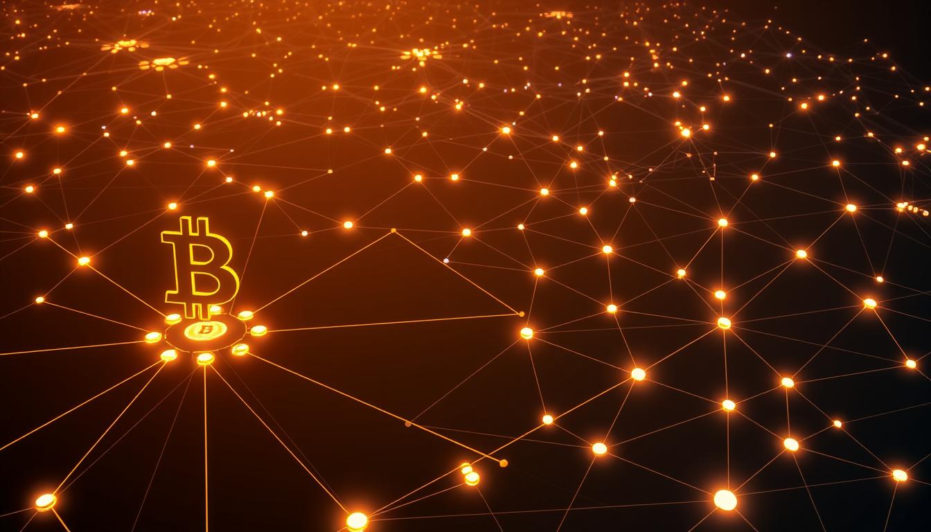 A dynamic and intricate visualization of the Bitcoin blockchain network, showcasing its complex web of interconnected nodes and transactions. Rendered in a bold, technical style with a focus on clean lines, geometric shapes, and a muted color palette. The foreground features a central hexagonal node representing the blockchain, surrounded by a cluster of smaller nodes connected by glowing lines. The middle ground depicts an expansive network of interlacing paths, with nodes of varying sizes and colors pulsing with activity. The background subtly fades into a dark, atmospheric gradient, suggesting the vast scale and decentralized nature of the system. The overall composition conveys a sense of order, power, and the underlying mathematical precision that underpins the Bitcoin blockchain.