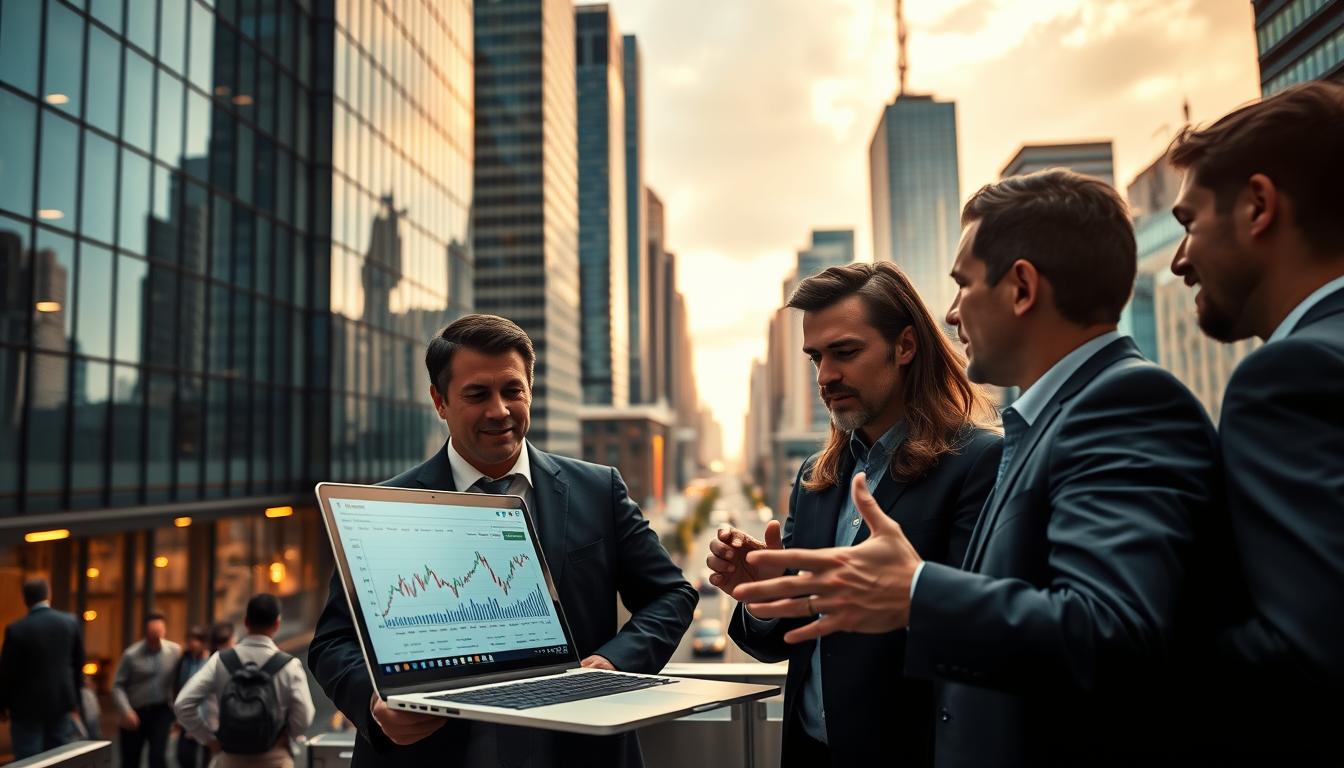 A bustling business district showcasing the vibrant ecosystem of angel investment in the United States. In the foreground, a group of well-dressed business professionals engaged in animated discussions, gesturing towards a sleek laptop displaying financial data. The middle ground features a modern office building with floor-to-ceiling windows, reflecting the city skyline. Ambient lighting casts a warm, inviting glow, creating an atmosphere of productive collaboration and entrepreneurial energy. In the background, towering skyscrapers and a busy cityscape convey the scale and dynamism of the US startup landscape, where angel investors play a crucial role in fueling innovation and growth.