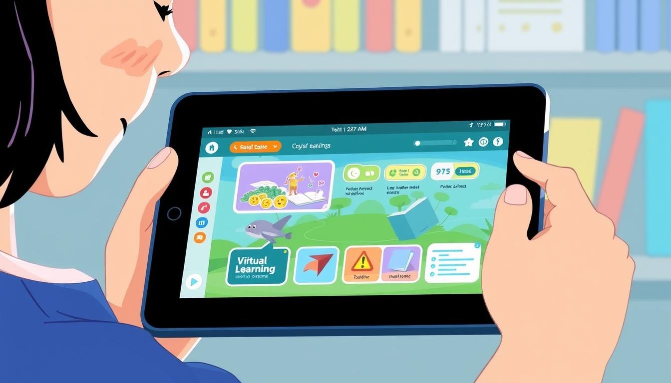 Image of a student using a tablet with a virtual learning environment on the screen