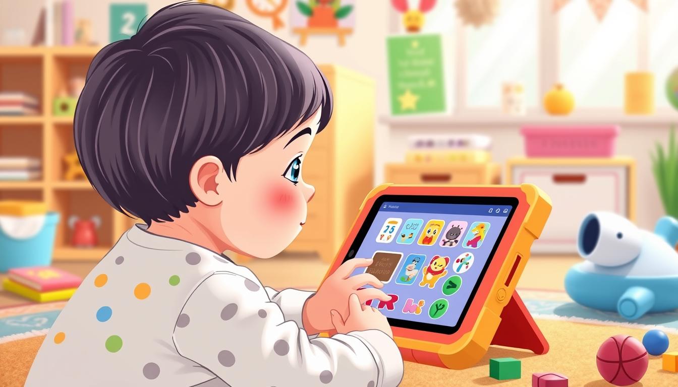 Image of a preschooler engaging with an interactive learning app on a tablet.