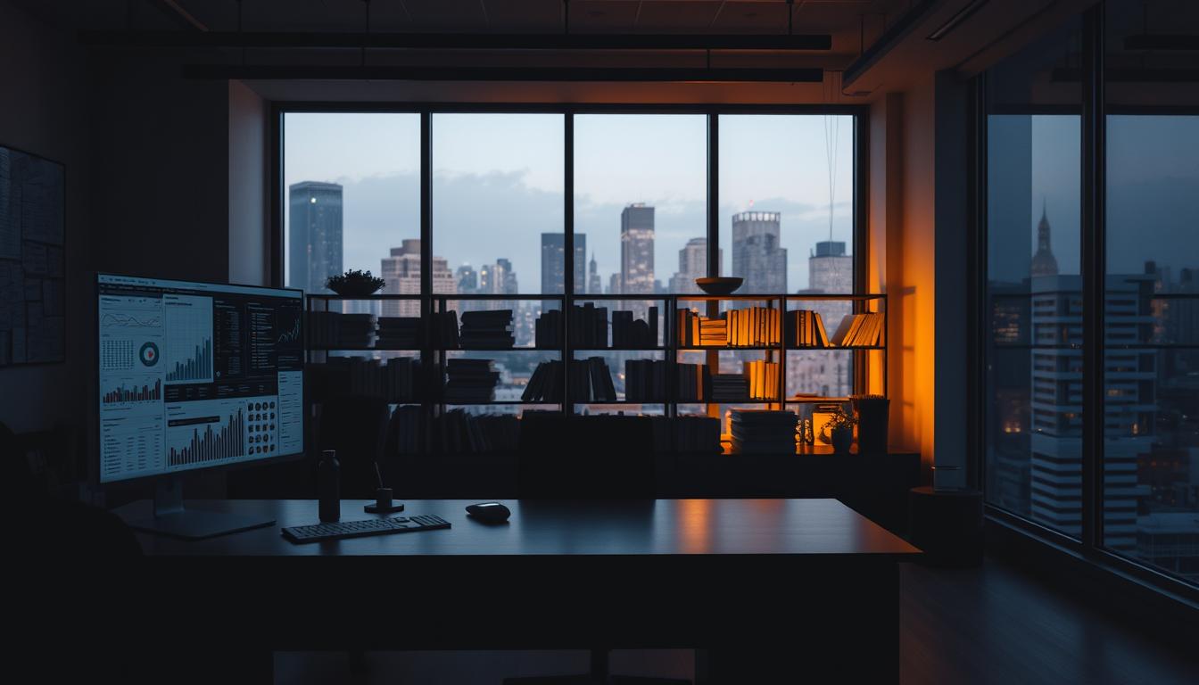 A dimly lit office interior, with a large desk in the foreground and a computer monitor displaying various charts, graphs, and data visualizations. In the middle ground, a bookshelf filled with research materials and reference books, casting a warm glow. The background features a large window overlooking a cityscape, the ambient light from the outside world softly illuminating the scene. The overall atmosphere is one of focused, analytical contemplation, with a sense of intellectual rigor and depth of understanding.